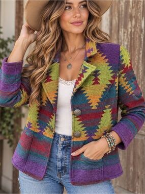 Vintage Coldwater Creek Southwestern Aztec Blazer M Purple Green Tribal Jacket